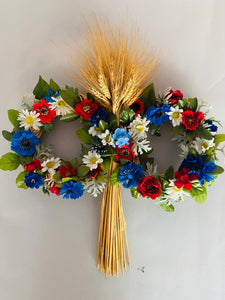 Large double ring multicolor wreath with center wheat bundle 20" H x 16" W