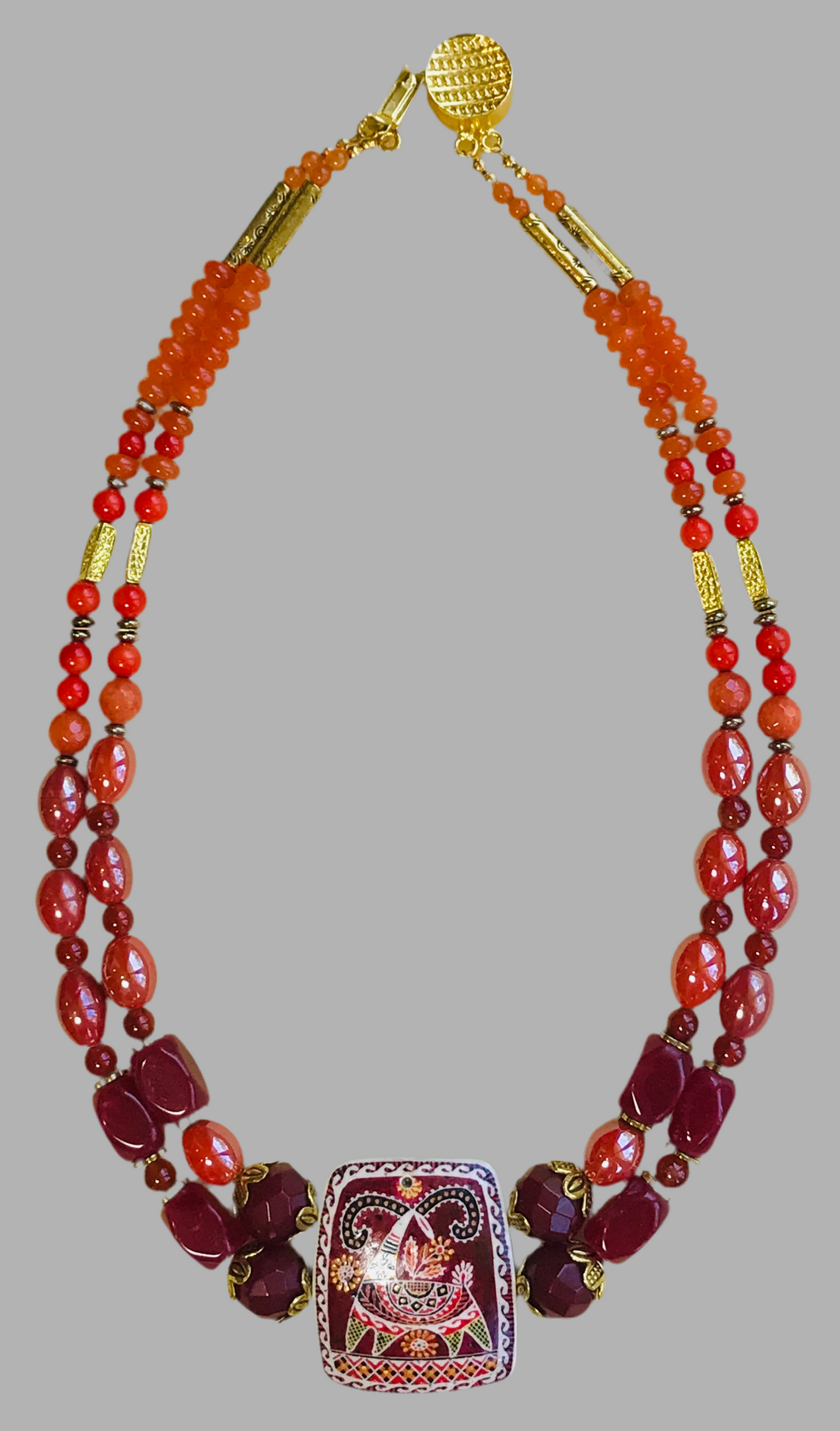 Yara Litosch  Double strand  Pysanka pendant,glazed ceramic beads,carnelian,coral necklace #98