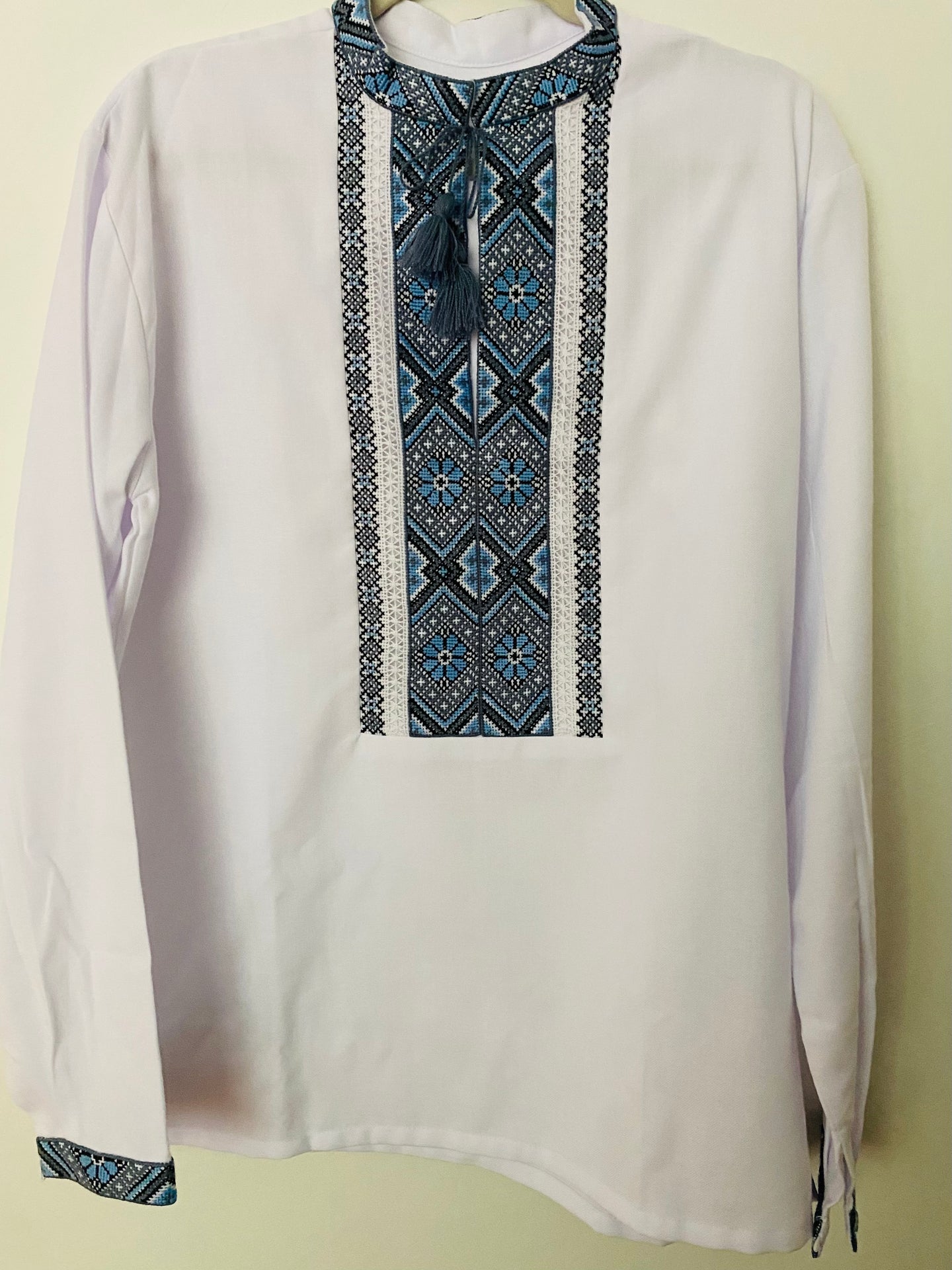 Men's Embroidered Shirt   white with blue ,black multi  # 995