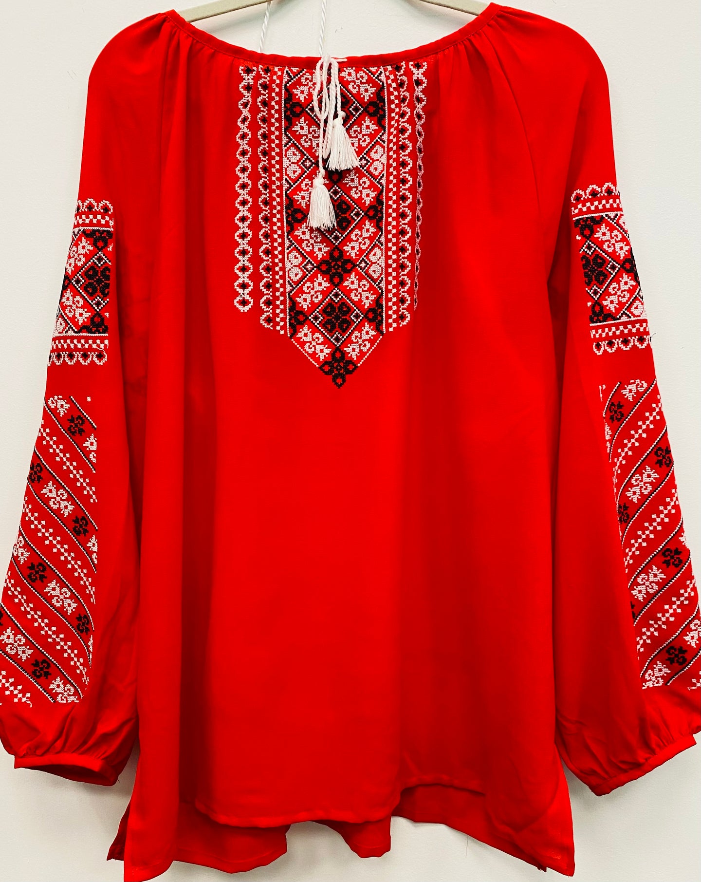 Blouse Embroidered Womens  Red with black, white   #227