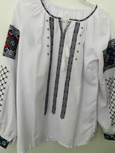 Load image into Gallery viewer, Womens Embroidered white blouse with blue,red and black embroidery #395
