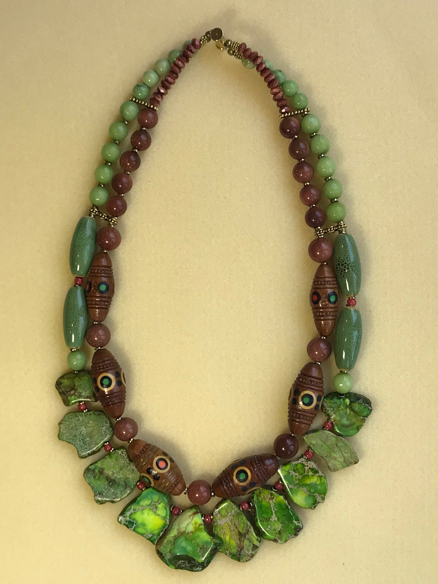 Yara Litosch double strand necklace with 6 Ukrainian inlaid wood beads, jasper slabs , goldstone , green dyed jade & ceramic beads # 97