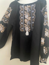 Load image into Gallery viewer, New! Women’s Embroidered black cotton blouse with natural and white cross-stitch embroidery   #339
