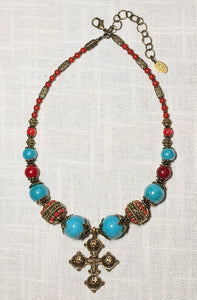 Olena Labunka necklace of brass beads with bamboo coral ,coral beads,traditional Hutsul cross pendant #9                         Limited time  20% off