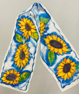 Nina Lapchyk white, blue w/ yellow Sunflowers silk scarf  56' x 10"   #176