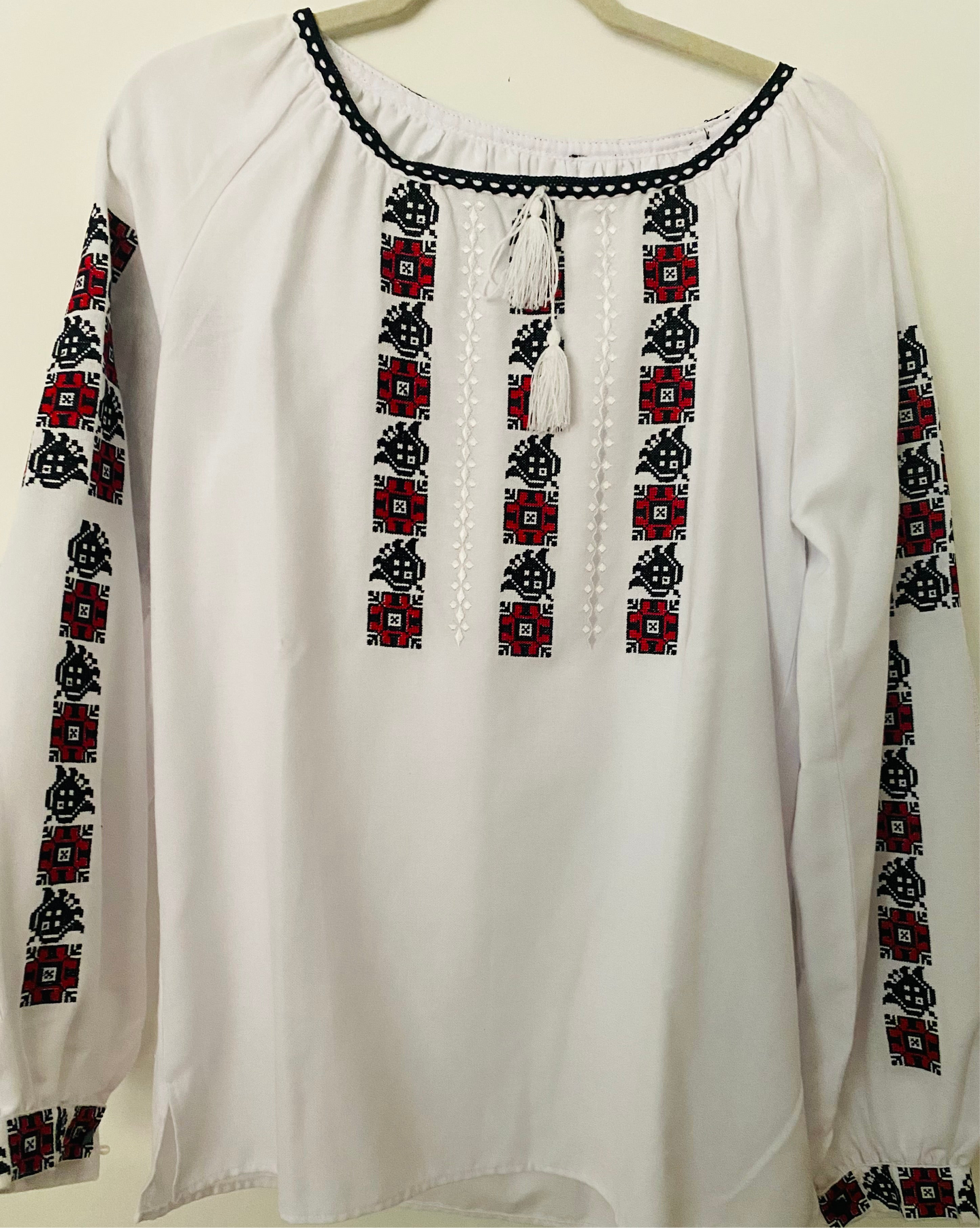 Blouse Embroidered Womens  red,black on white  # 297