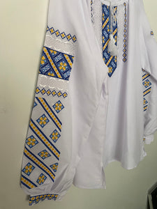 Blouse Embroidered Womens blue, yellow,black on white  linen #299