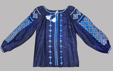 Load image into Gallery viewer, New! Women’s Embroidered navy linen blouse with tonal blue flat stitch embroidery   #329
