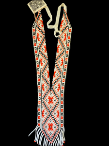 Bakhmut long  23” white ,red, black embroidery look Gerdan with fringe at bottom