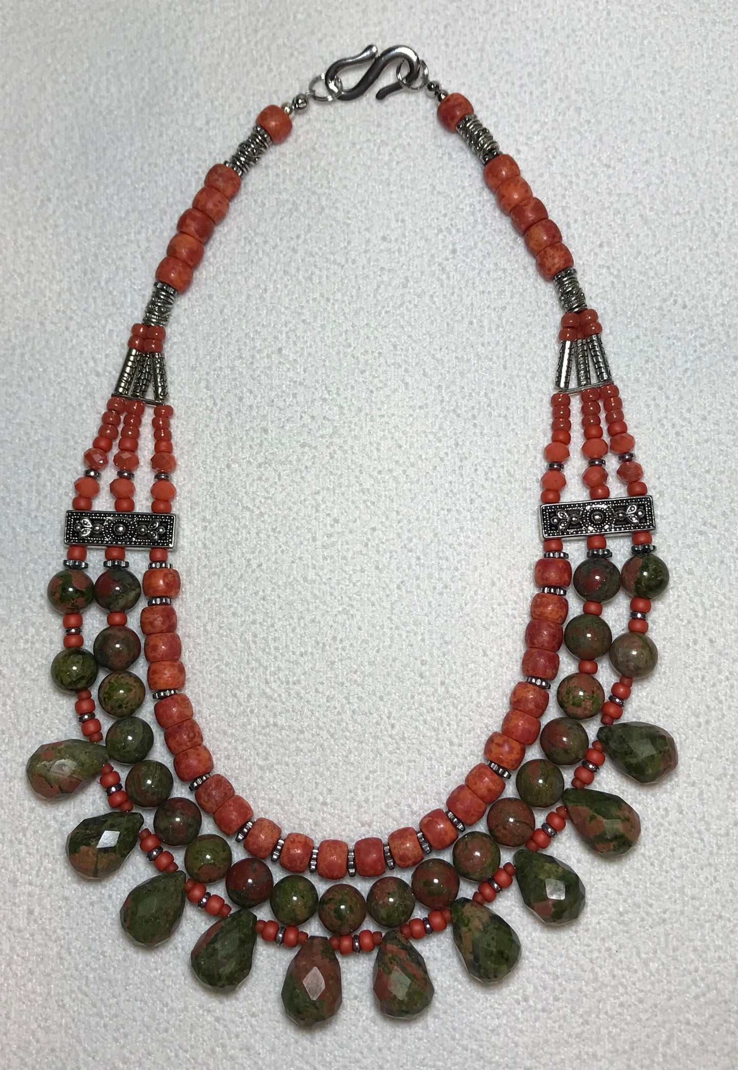 New! New! Yara Litosch triple strand Unakite orange-olive rounds & teardrop beads # 13