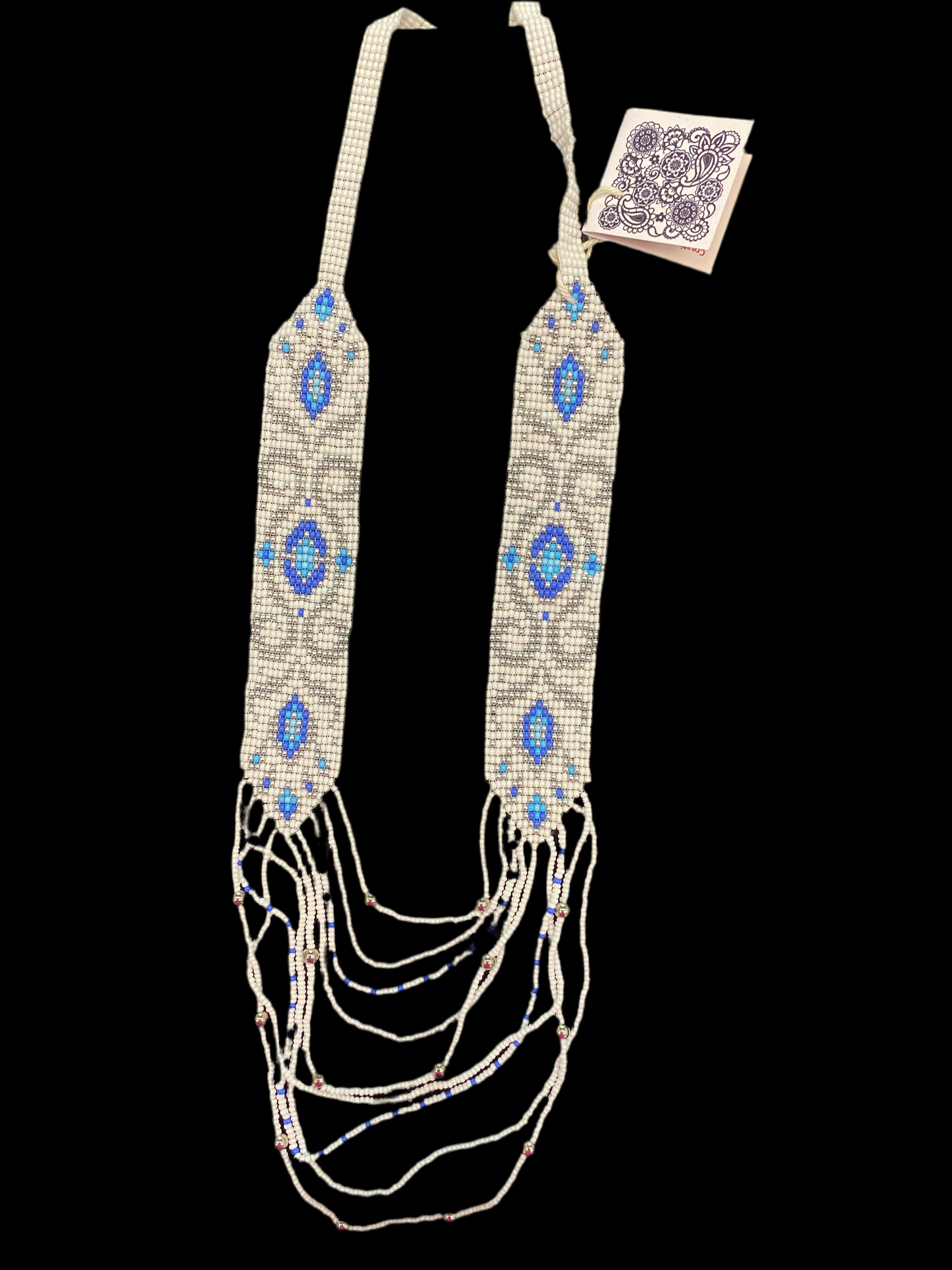 Bakhmut unique 21” Gerdan white with multi blue beads and multi bead drop chain .