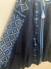 Load image into Gallery viewer, New! Women’s Embroidered navy linen blouse with tonal blue flat stitch embroidery   #329

