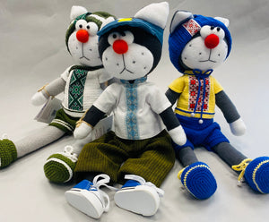 "Kozhna Zmozhe" Felt 16"  Boy Cat Doll dressed in Ukrainian vyshyvanka,pants & cap.Handmade in Ukraine