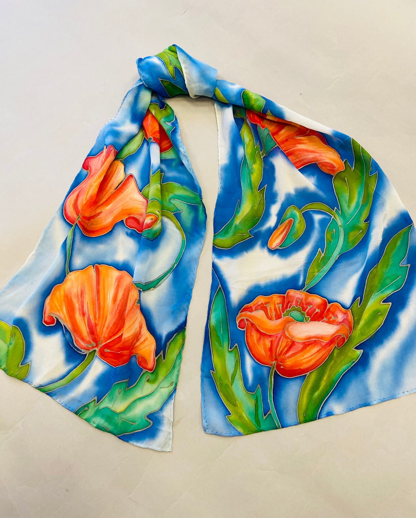 Nina Lapchyk Red Maky on pale blue silk oblong scarf #125