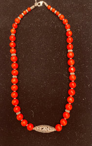 Nina Lapchyk 21" red round beads with center filligree bead   #13
