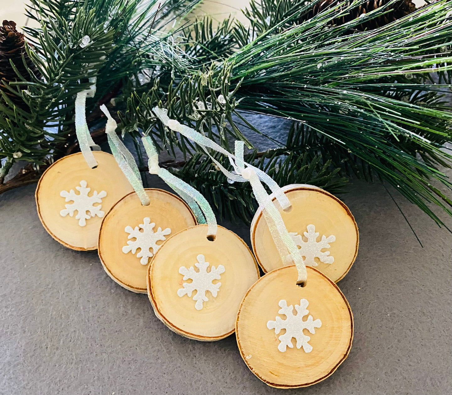 Snowflakes, Bows, or Trees on Birch Wood Ornaments set of 5