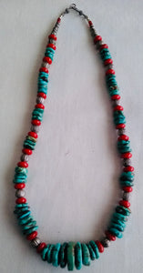 Tania Snihur  24" single strand turquoise & coral necklace   #9