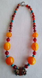 New ! Tania Snihur single strand necklace of Tibetan silver capped amber ,coral & turquoise beads  # 10