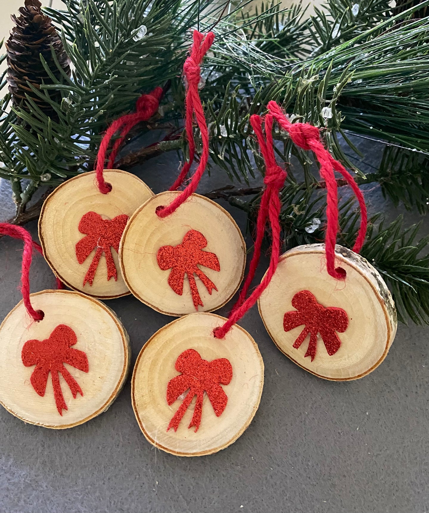 Snowflakes, Bows, or Tree Sets of 5 on Birch Wood Ornaments