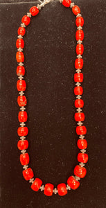 Nina Lapchyk 26" dark red graduated barrel bead necklace with silver spacers #91