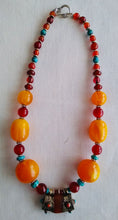 Load image into Gallery viewer, New ! Tania Snihur single strand necklace of Tibetan silver capped amber ,coral &amp; turquoise beads  # 10
