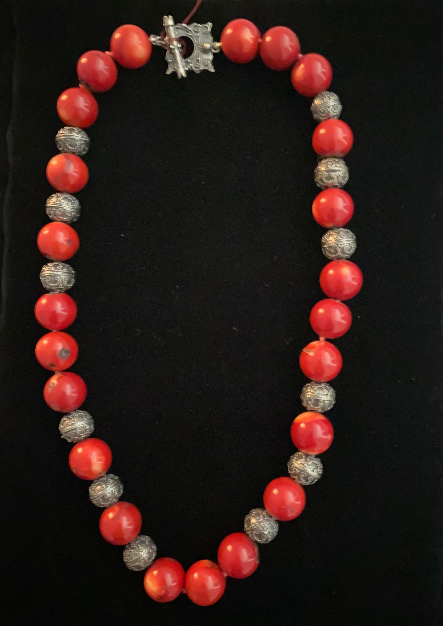 Tamara Farion red round coral beads  & antique silver spacers necklace  # N 120