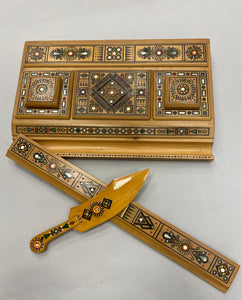 Wooden carved and encrusted desk set with ruler and letter opener