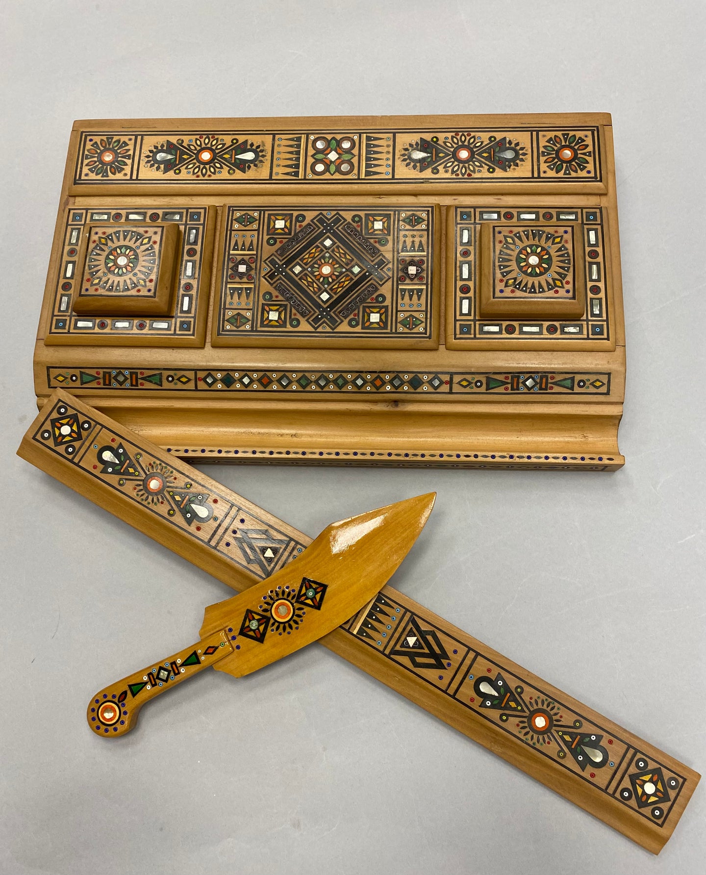 Wooden carved and encrusted desk set with ruler and letter opener
