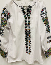 Load image into Gallery viewer, Blouse white linen embroidered Women’s multi flowers,black leaves   #365

