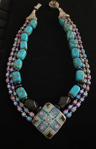 New ! Yara Litosch triple strand pysanka pendant , medium blue jasper, black stones # 85