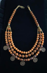Yara Litosch three into one strand , 5 Ukrainian metal rounds,faceted orange glass necklace  # 81