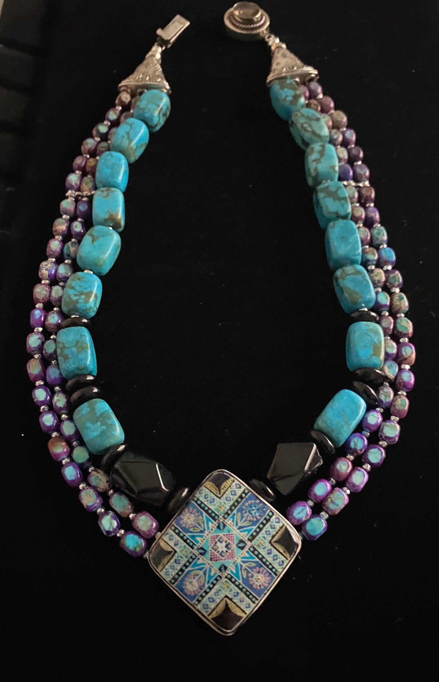 Yara Litosch triple strand pysanka pendant , medium blue jasper, black stones # 85