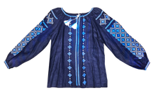 Load image into Gallery viewer, New! Women’s Embroidered navy linen blouse with tonal blue flat stitch embroidery   #329
