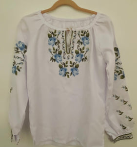 Girls Embroidered white blouse with blue roses  # 55