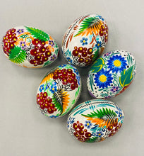 Load image into Gallery viewer, Wooden Pysanky with painted kalyny or cornflowers.
