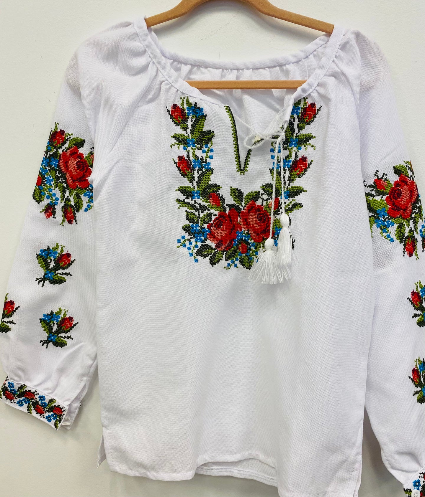 Girls Embroidered white blouse with multicolor roses  # 85