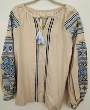 Load image into Gallery viewer, Blouse Embroidered Womens natural with shades of blue and black    #337
