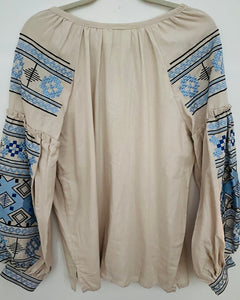 Blouse Embroidered Womens natural with shades of blue and black    #337