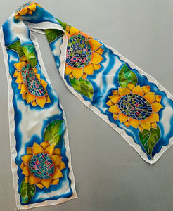 Nina Lapchyk white, blue w/ yellow Sunflowers silk scarf  50” x 8”