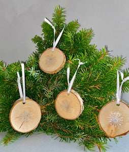 Silver Stars or Snowflakes on Birch Wood Ornaments