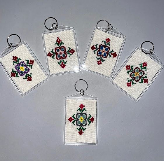 Hand embroidered insert in  4”x3” acrylic keychain