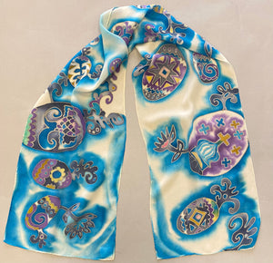 Nina Lapchyk Silk Pysanky Scarf ,turquoise outline with blue and purple eggs #195