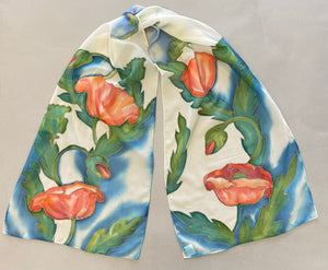 Nina Lapchyk Red Maky on White Silk Scarf with blue and green leaves