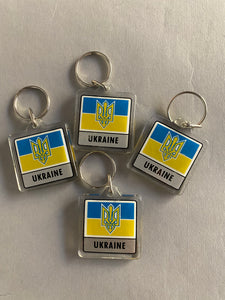 Ukrainian flag with Tryzub in lucite keychain   1 1/2"