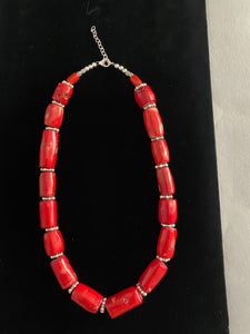 Nina Lapchyk 19" fat barrel coral beads w/silver spacers necklace  #101