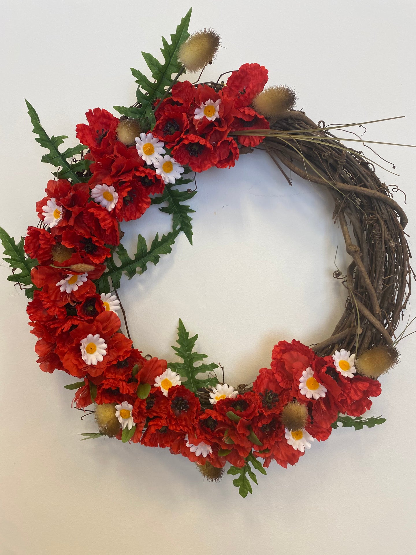 Large red and white floral wreath  17”diameter