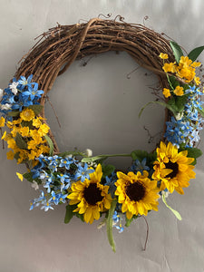 Large blue and yellow floral wreath 17”diameter