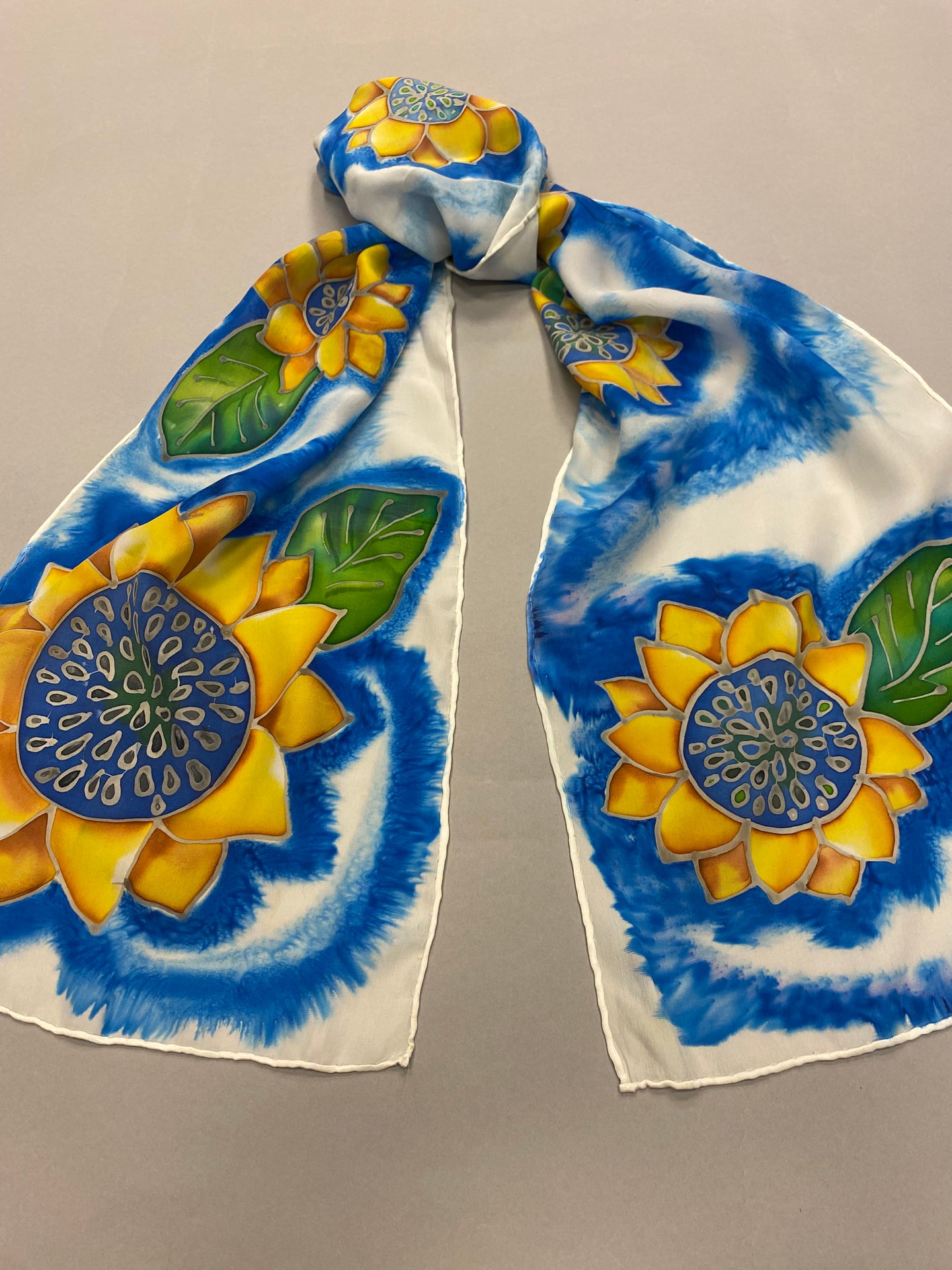 Nina Lapchyk white, blue w/ yellow Sunflowers silk scarf  56' x 10
