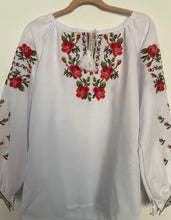 Load image into Gallery viewer, Girls Embroidered white blouse with pink, red roses  # 65
