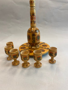 Wooden decorative Pitcher on stand with matching cups ( three different patterns)